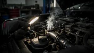 Automotive smoke machine detecting an engine leak