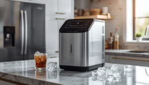 Best nugget ice maker countertop models in a modern kitchen with iced drinks.