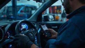 Home mechanic using an OBD2 scanner to diagnose a vehicle