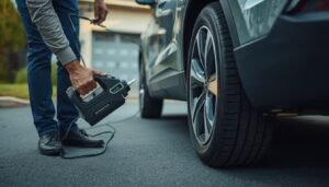 portable car tire inflator being used to inflate a vehicle tire