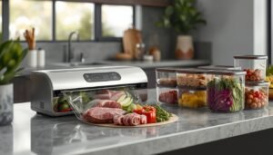 Food vacuum sealer with vacuum-sealed bags and fresh ingredients on a modern kitchen countertop.