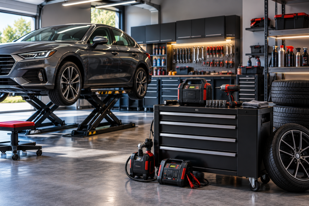 Automotive tools and garage equipment in a modern home workshop