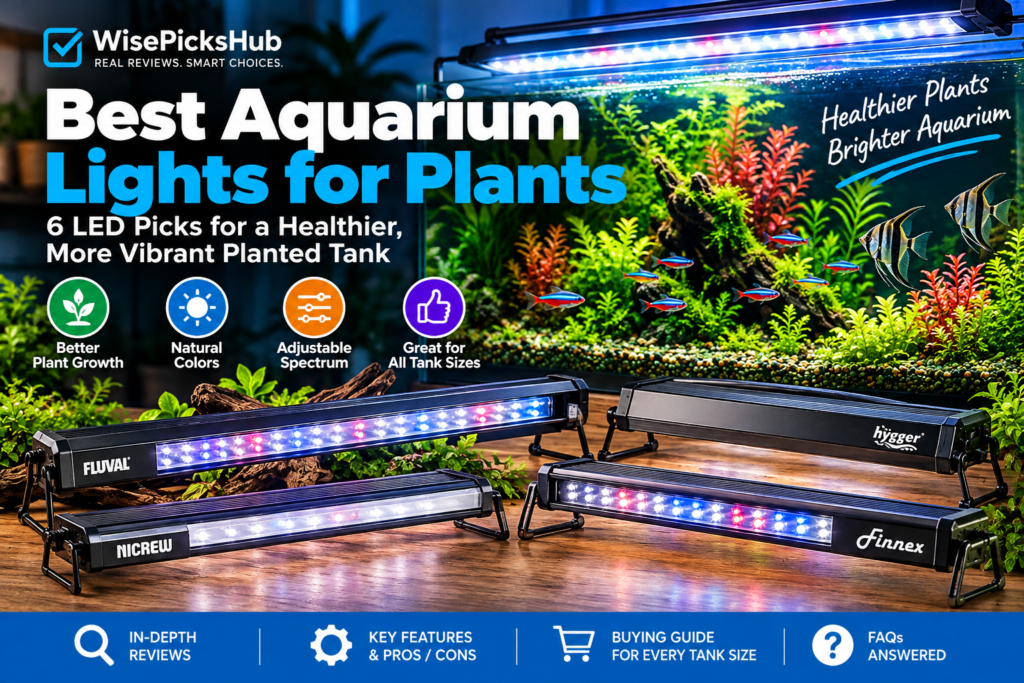 Best aquarium lights for plants – LED aquarium lighting above a lush freshwater planted tank with Fluval, hygger, NICREW and Finnex fixtures.