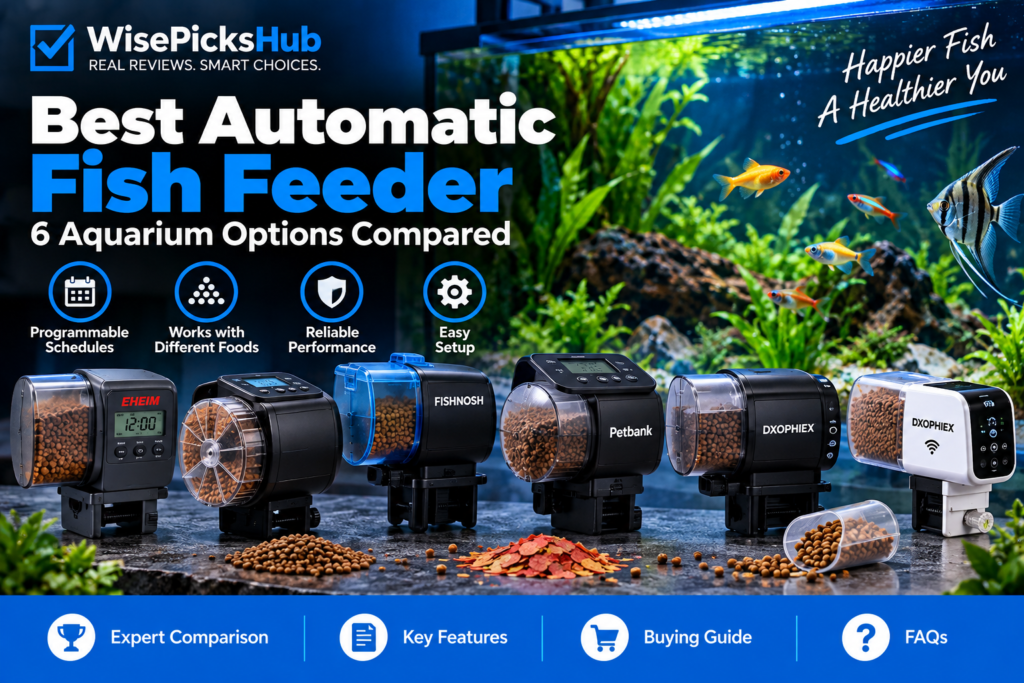Best automatic fish feeder comparison featuring six aquarium food dispensers with programmable feeding schedules