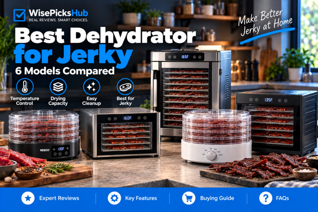 Best dehydrator for jerky in 2026 featuring cabinet-style and stackable food dehydrators with trays of beef jerky