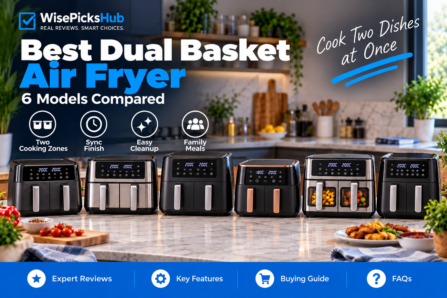 Best dual basket air fryer comparison for 2026 featuring five dual-zone air fryers on a modern kitchen countertop.
