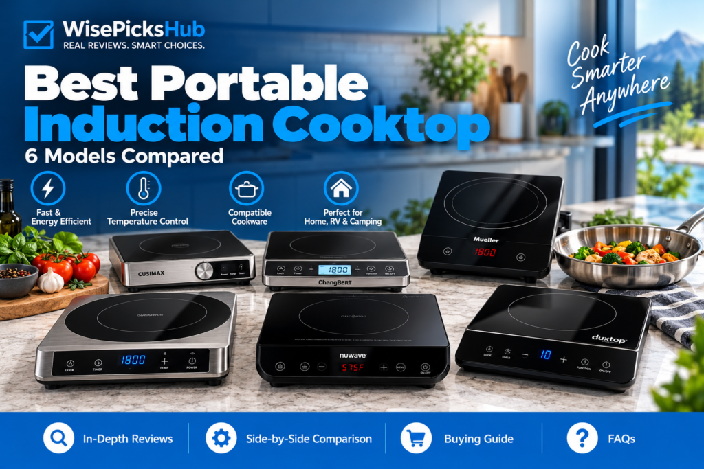 Best portable induction cooktop comparison featuring six countertop induction burners in a modern kitchen