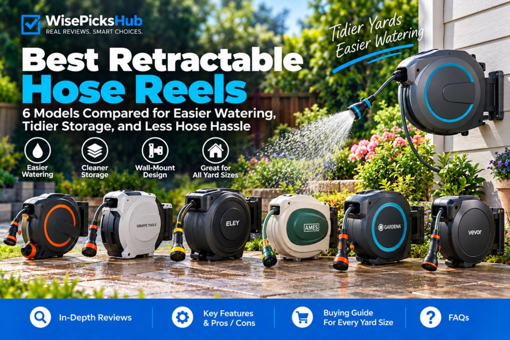 Best retractable hose reels for garden watering, featuring wall-mounted automatic hose reels in a landscaped backyard.