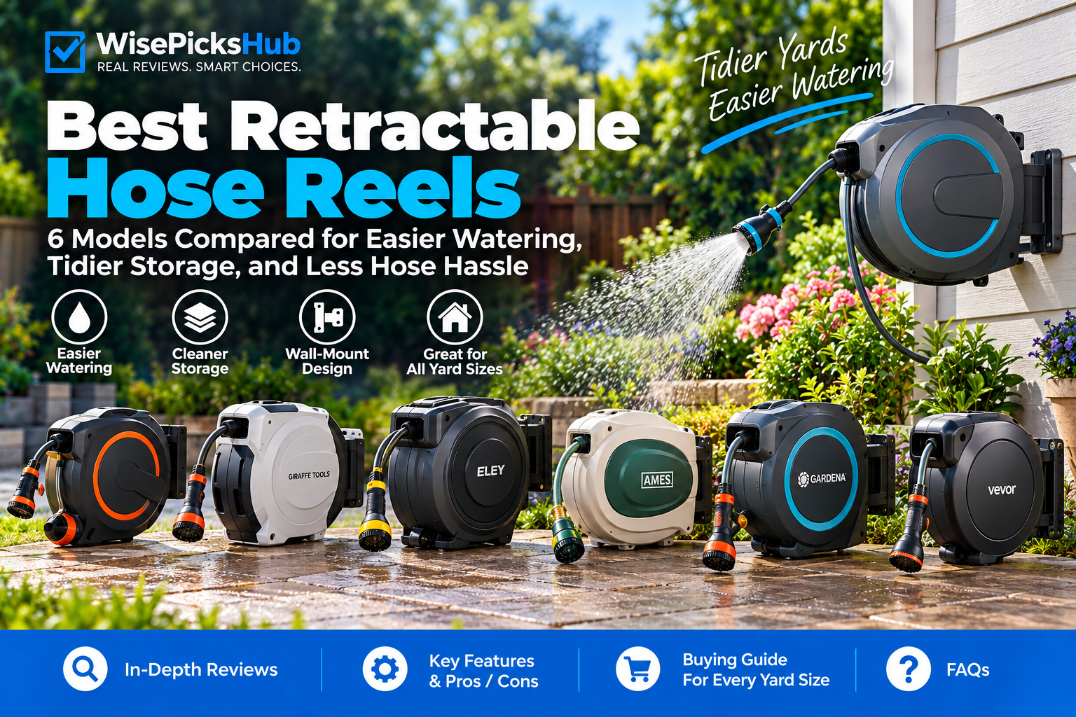 Best retractable hose reels for garden watering, featuring wall-mounted automatic hose reels in a landscaped backyard.