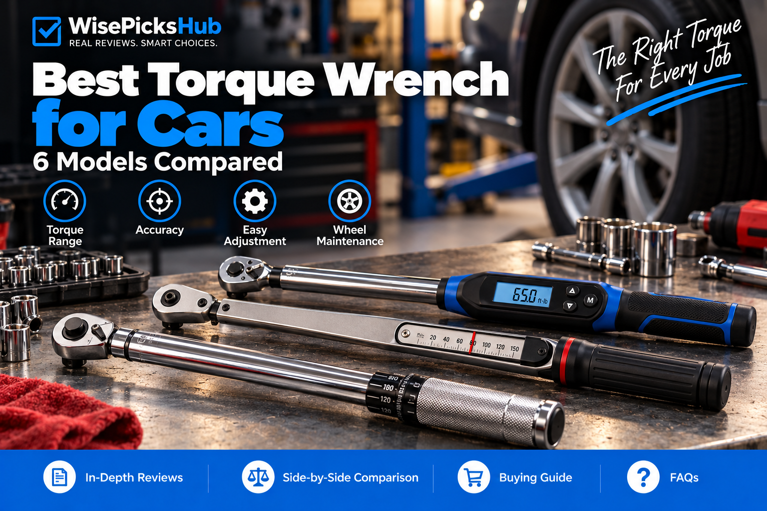 Click, beam-style, and digital torque wrenches on a garage workbench with sockets and a car wheel in the background.