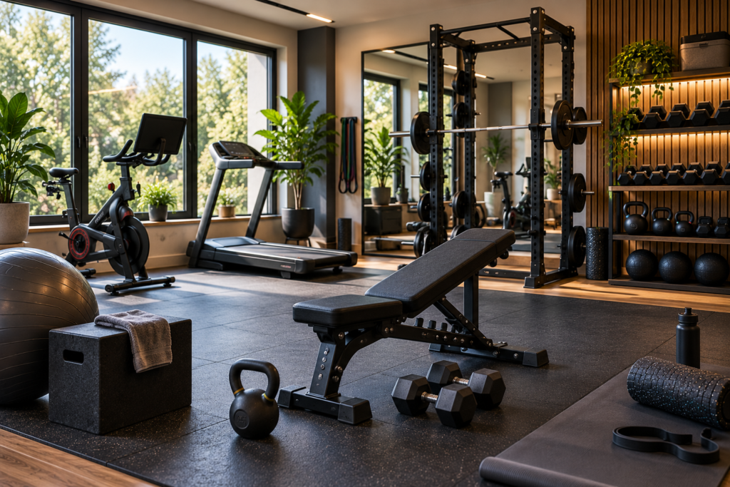 Fitness and home gym with treadmill, exercise bike, weights, and workout equipment