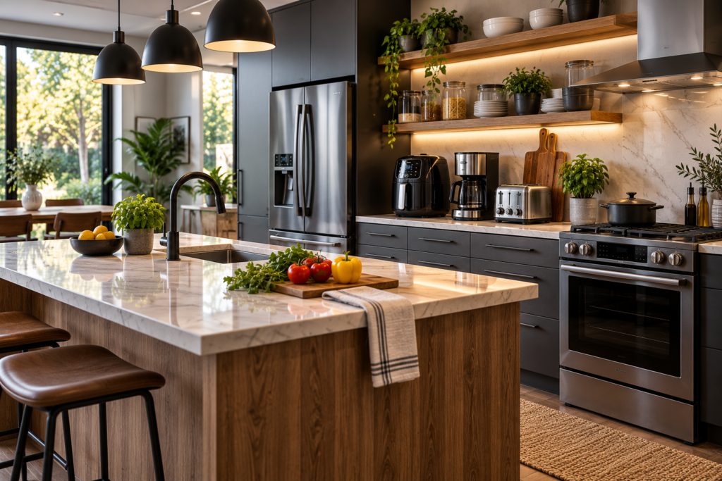 Modern kitchen with home appliances and countertop cooking equipment