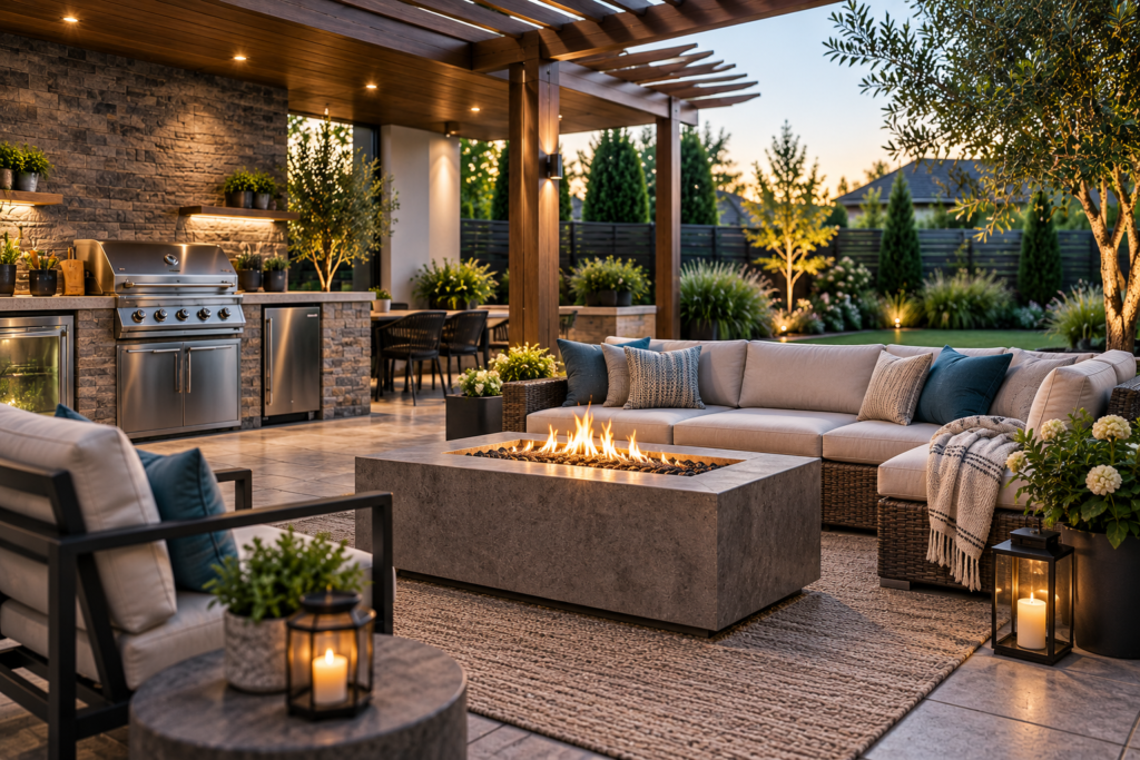 Modern patio and outdoor living space with furniture, fire pit, and grill