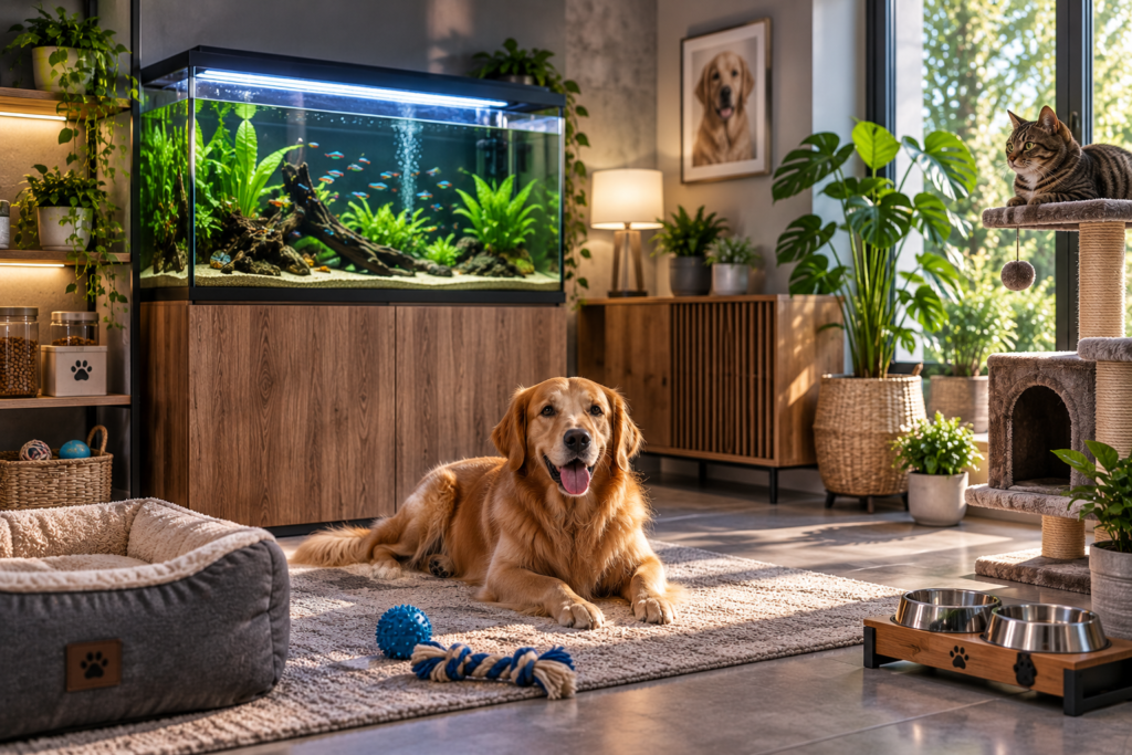 Pets and aquatics room with dog, cat, aquarium, and pet accessories